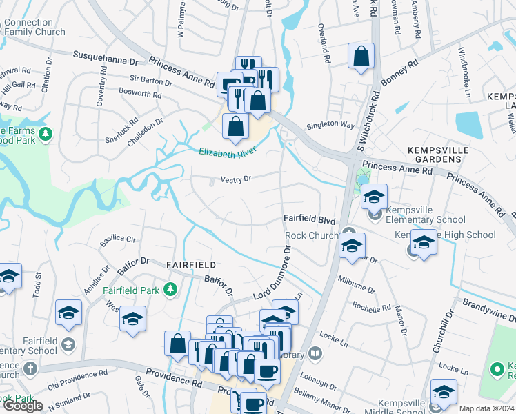 map of restaurants, bars, coffee shops, grocery stores, and more near 5236 West Randolph Court in Virginia Beach