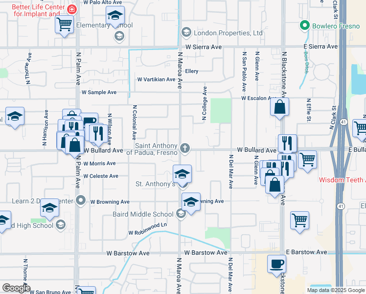 map of restaurants, bars, coffee shops, grocery stores, and more near 6042 North Maroa Avenue in Fresno