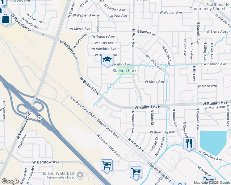 map of restaurants, bars, coffee shops, grocery stores, and more near 5607 West Calimyrna Avenue in Fresno