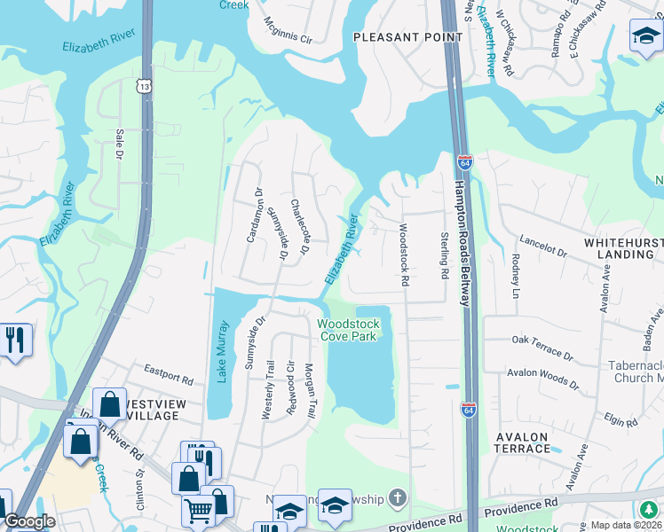 map of restaurants, bars, coffee shops, grocery stores, and more near 668 Copper Kettle Drive in Virginia Beach