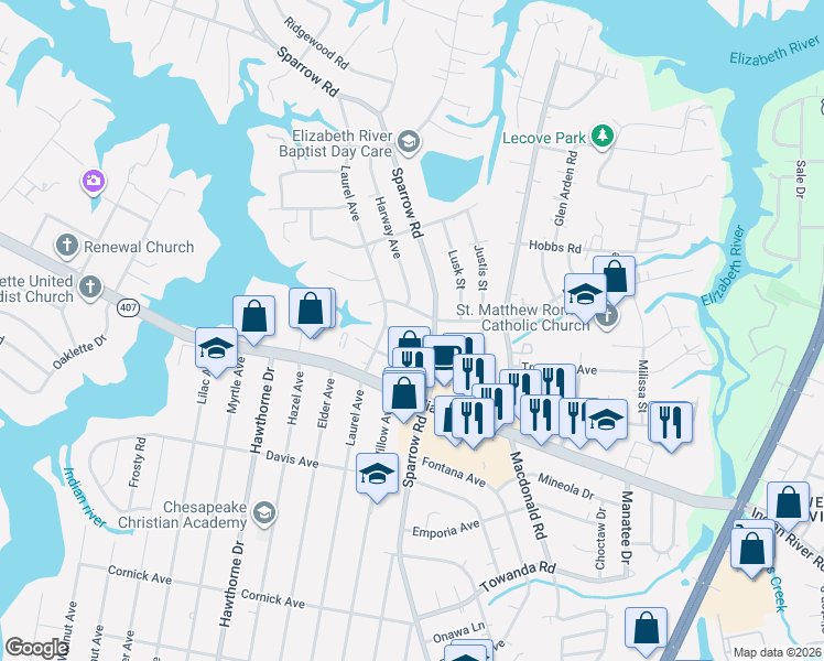 map of restaurants, bars, coffee shops, grocery stores, and more near 4209 Neptune Avenue in Chesapeake