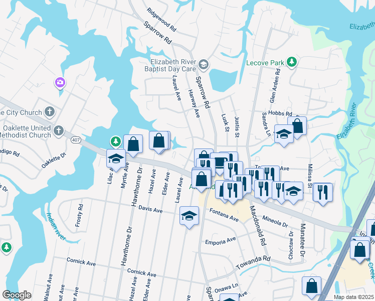 map of restaurants, bars, coffee shops, grocery stores, and more near 604 Laurel Avenue in Chesapeake