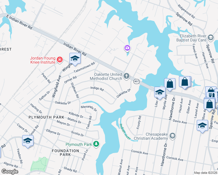 map of restaurants, bars, coffee shops, grocery stores, and more near 3313 Hornsea Road in Chesapeake