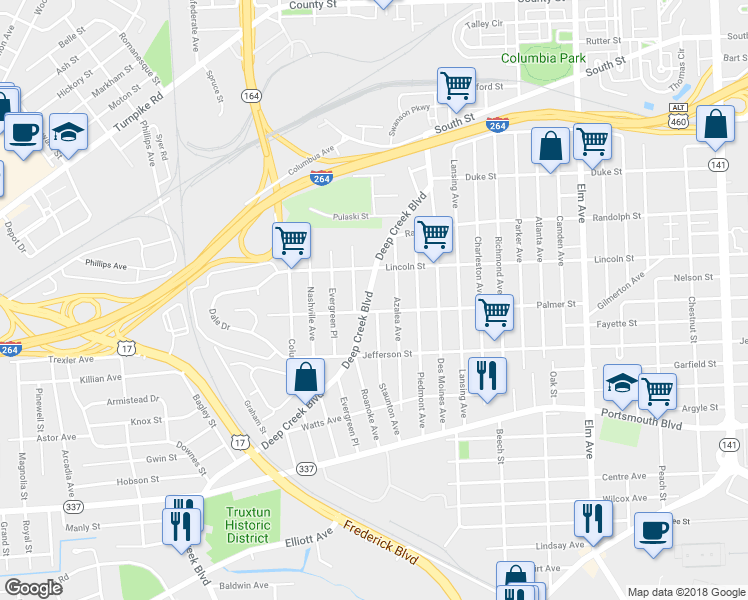 map of restaurants, bars, coffee shops, grocery stores, and more near 2001 Deep Creek Boulevard in Portsmouth