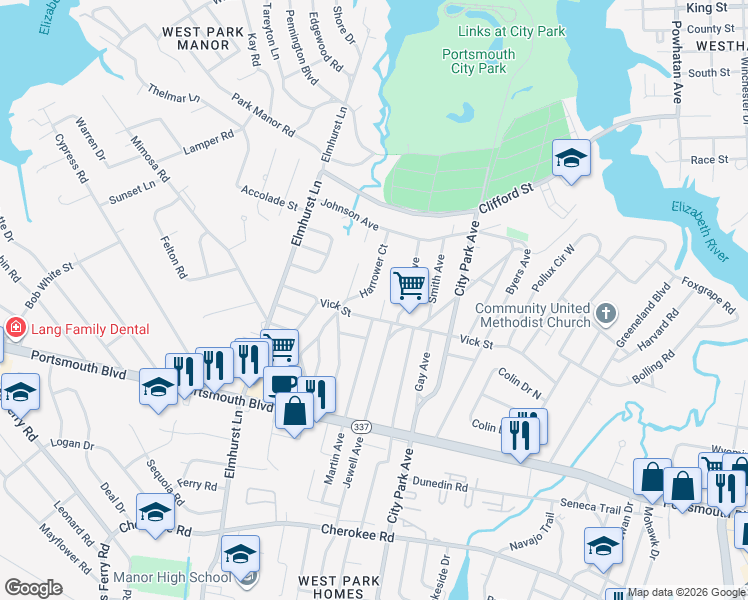 map of restaurants, bars, coffee shops, grocery stores, and more near 107 Maurice Avenue in Portsmouth