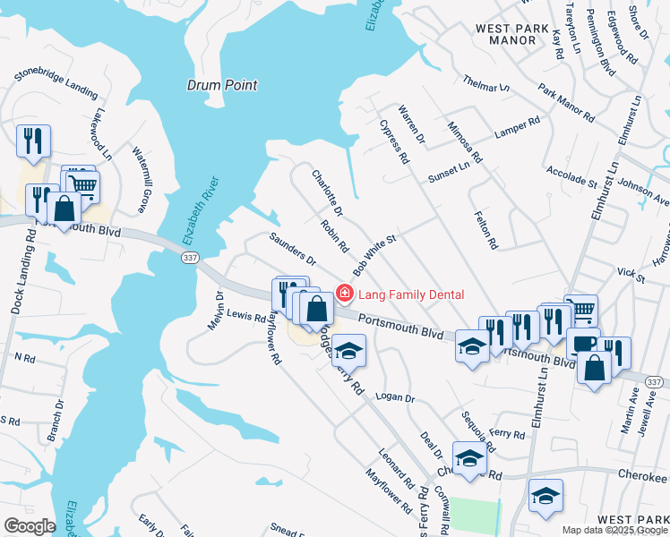 map of restaurants, bars, coffee shops, grocery stores, and more near 306 Saunders Dr in Portsmouth