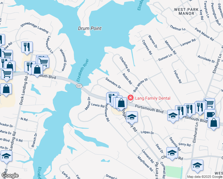 map of restaurants, bars, coffee shops, grocery stores, and more near 826 Melvin Drive in Portsmouth