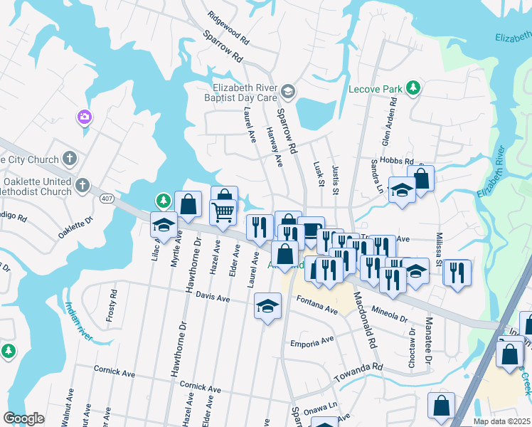 map of restaurants, bars, coffee shops, grocery stores, and more near 604 Laurel Avenue in Chesapeake