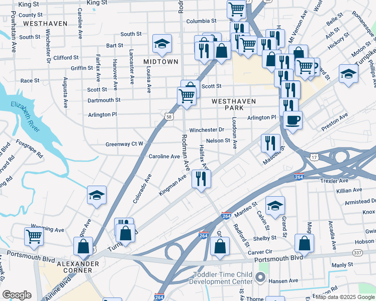 map of restaurants, bars, coffee shops, grocery stores, and more near 1901 Rodman Avenue in Portsmouth