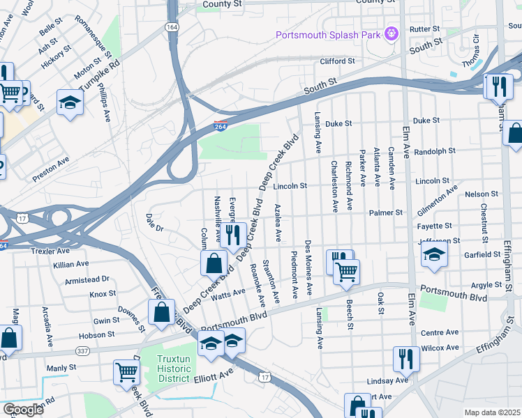 map of restaurants, bars, coffee shops, grocery stores, and more near 2017 Deep Creek Boulevard in Portsmouth