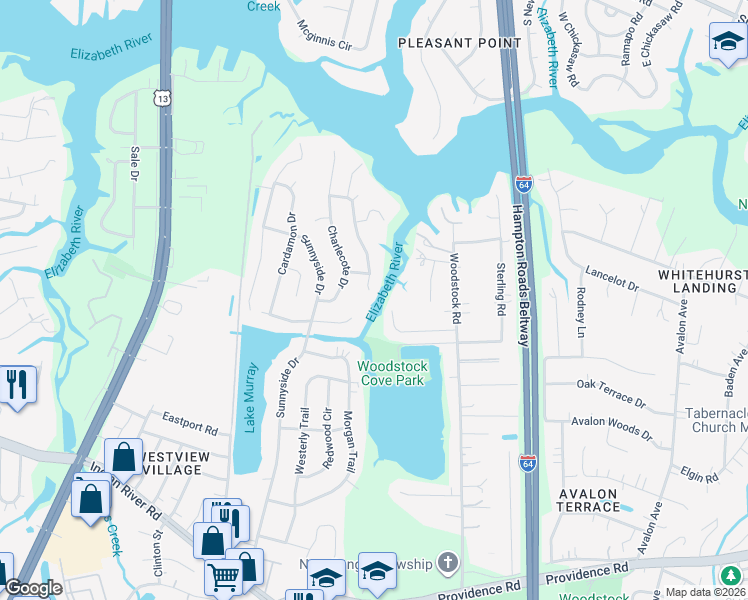 map of restaurants, bars, coffee shops, grocery stores, and more near 668 Copper Kettle Drive in Virginia Beach