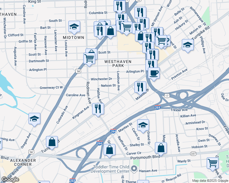 map of restaurants, bars, coffee shops, grocery stores, and more near 3404 Commonwealth Avenue in Portsmouth