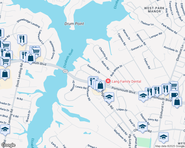 map of restaurants, bars, coffee shops, grocery stores, and more near 820 Melvin Dr in Portsmouth