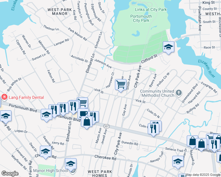 map of restaurants, bars, coffee shops, grocery stores, and more near 107 Maurice Avenue in Portsmouth