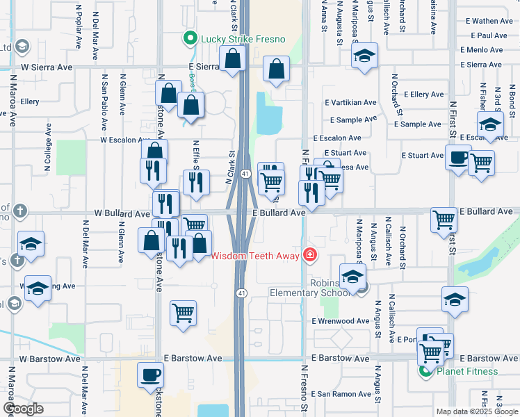 map of restaurants, bars, coffee shops, grocery stores, and more near 222 East Bullard Avenue in Fresno