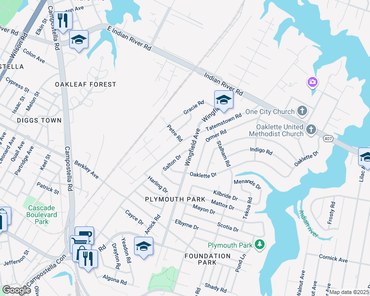 map of restaurants, bars, coffee shops, grocery stores, and more near 1403 Salton Drive in Chesapeake