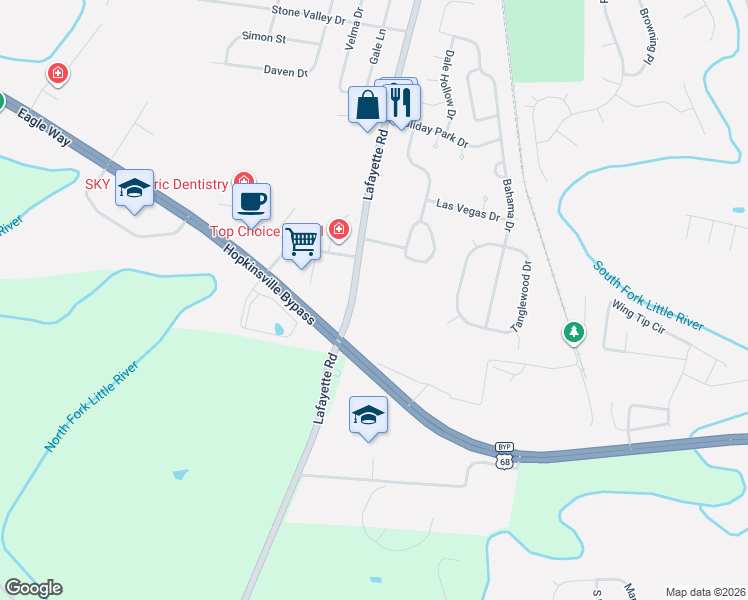 map of restaurants, bars, coffee shops, grocery stores, and more near 4100 Lafayette Road in Hopkinsville