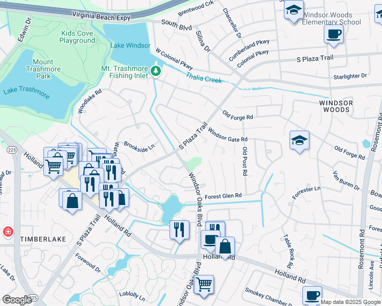 map of restaurants, bars, coffee shops, grocery stores, and more near 4148 South Plaza Trail in Virginia Beach