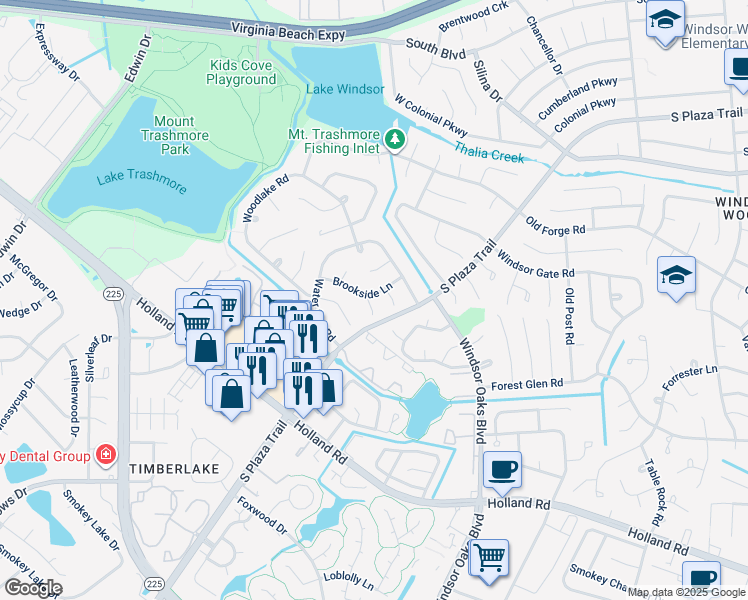 map of restaurants, bars, coffee shops, grocery stores, and more near 600 Brookside Court in Virginia Beach