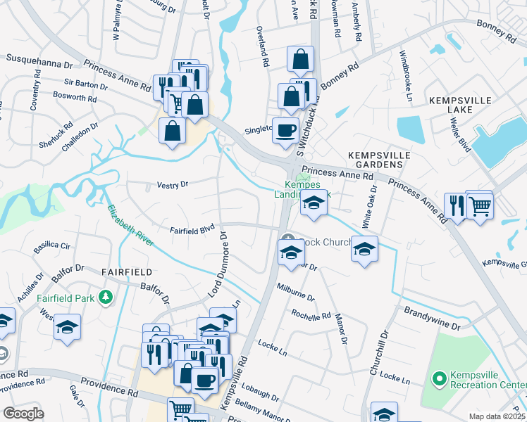map of restaurants, bars, coffee shops, grocery stores, and more near 512 Rolleston Drive in Virginia Beach