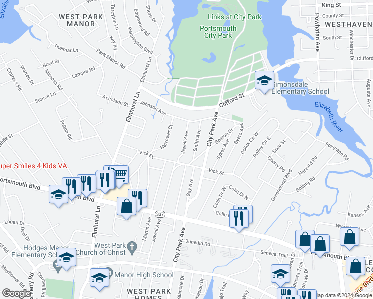 map of restaurants, bars, coffee shops, grocery stores, and more near 703 Jewell Avenue in Portsmouth