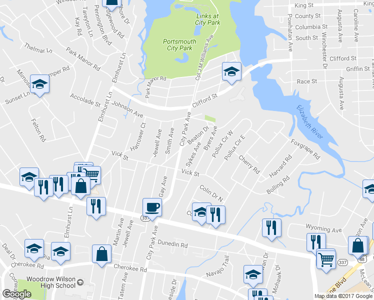 map of restaurants, bars, coffee shops, grocery stores, and more near 104 Beaton Drive in Portsmouth