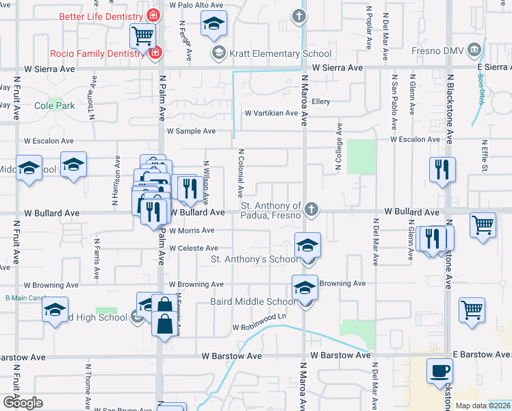 map of restaurants, bars, coffee shops, grocery stores, and more near 6046 North Remington Avenue in Fresno