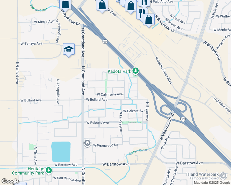 map of restaurants, bars, coffee shops, grocery stores, and more near 6753 West Gibson Avenue in Fresno