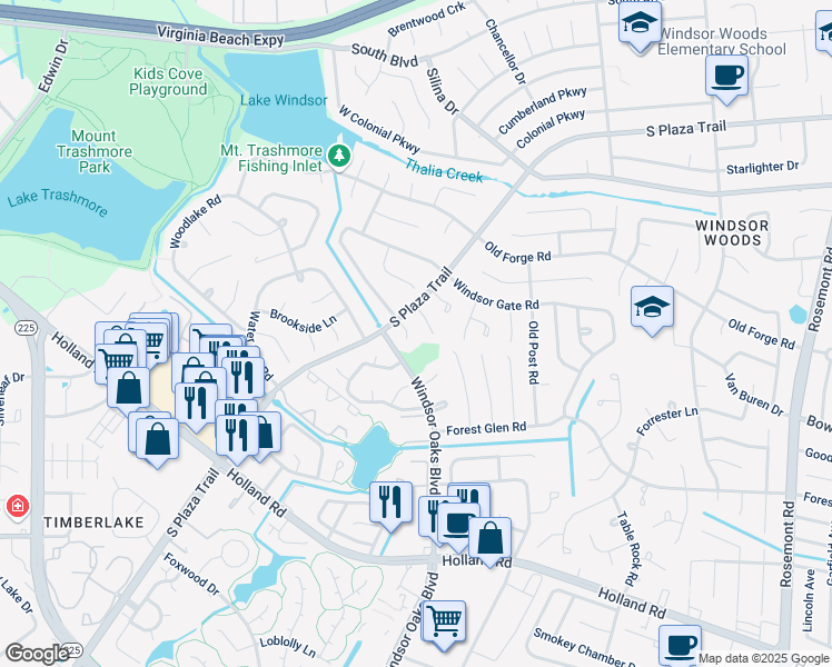 map of restaurants, bars, coffee shops, grocery stores, and more near 4148 South Plaza Trail in Virginia Beach