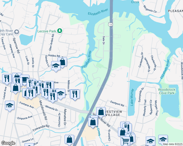 map of restaurants, bars, coffee shops, grocery stores, and more near 721 Whistling Swan Drive in Virginia Beach