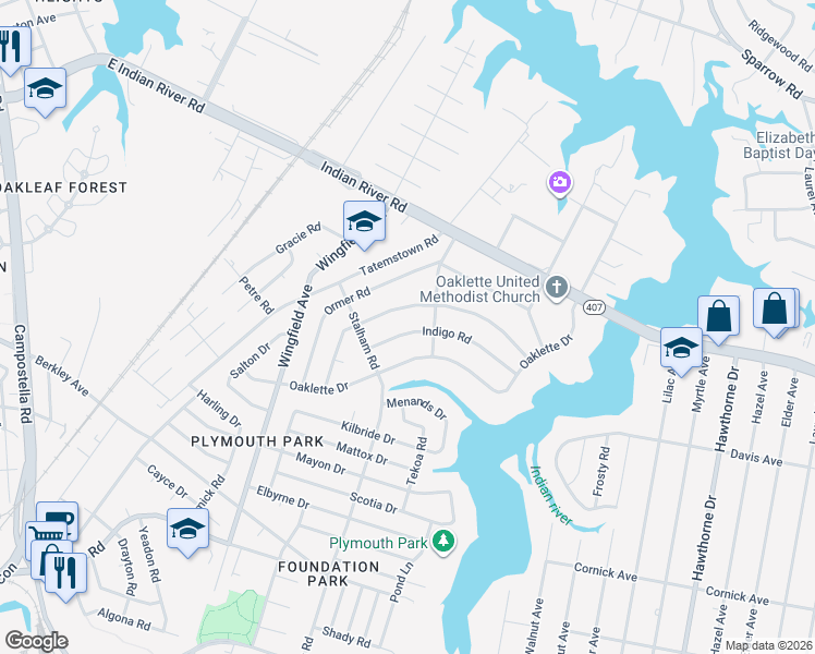 map of restaurants, bars, coffee shops, grocery stores, and more near 3213 Hornsea Road in Chesapeake