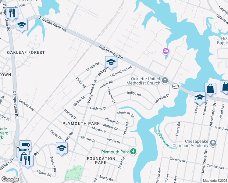 map of restaurants, bars, coffee shops, grocery stores, and more near 3205 Hornsea Road in Chesapeake