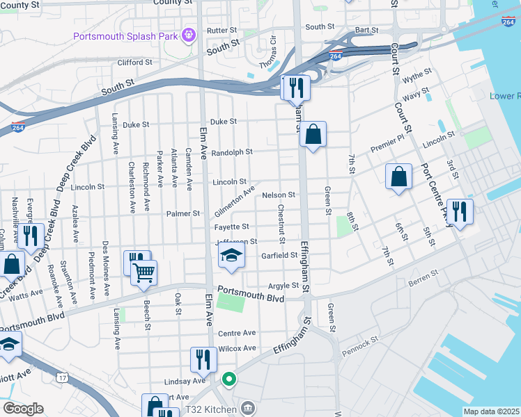 map of restaurants, bars, coffee shops, grocery stores, and more near 2006 Peach Street in Portsmouth