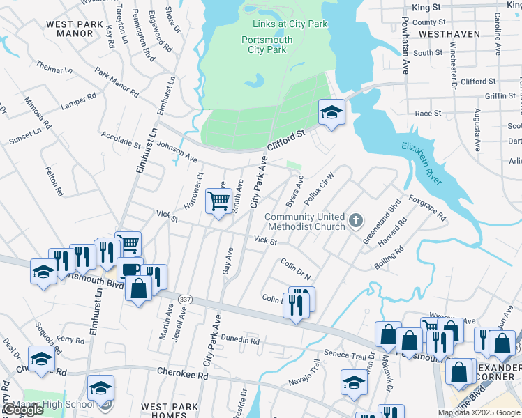 map of restaurants, bars, coffee shops, grocery stores, and more near 104 Beaton Drive in Portsmouth