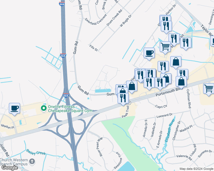map of restaurants, bars, coffee shops, grocery stores, and more near 4359 Farringdon Way in Chesapeake