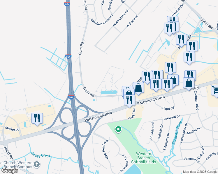map of restaurants, bars, coffee shops, grocery stores, and more near 4308 Hillingdon Bend in Chesapeake