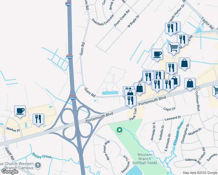 map of restaurants, bars, coffee shops, grocery stores, and more near 4308 Hillingdon Bend in Chesapeake