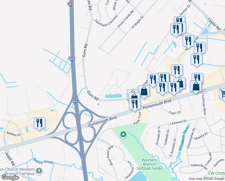 map of restaurants, bars, coffee shops, grocery stores, and more near 4308 Hillingdon Bend in Chesapeake