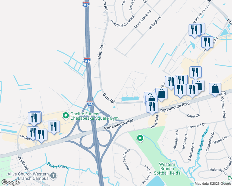 map of restaurants, bars, coffee shops, grocery stores, and more near 2612 Leytonstone Drive in Chesapeake