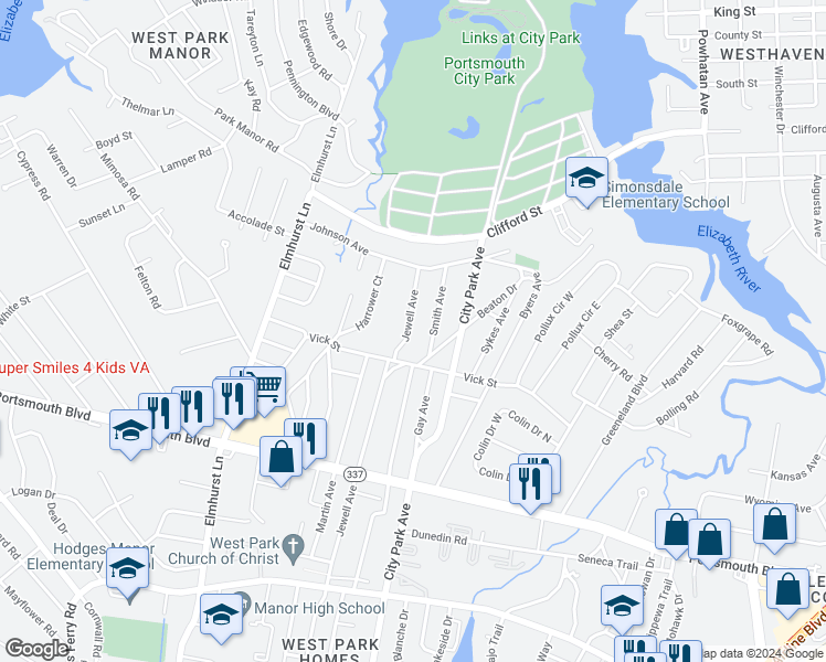 map of restaurants, bars, coffee shops, grocery stores, and more near 701 Jewell Avenue in Portsmouth