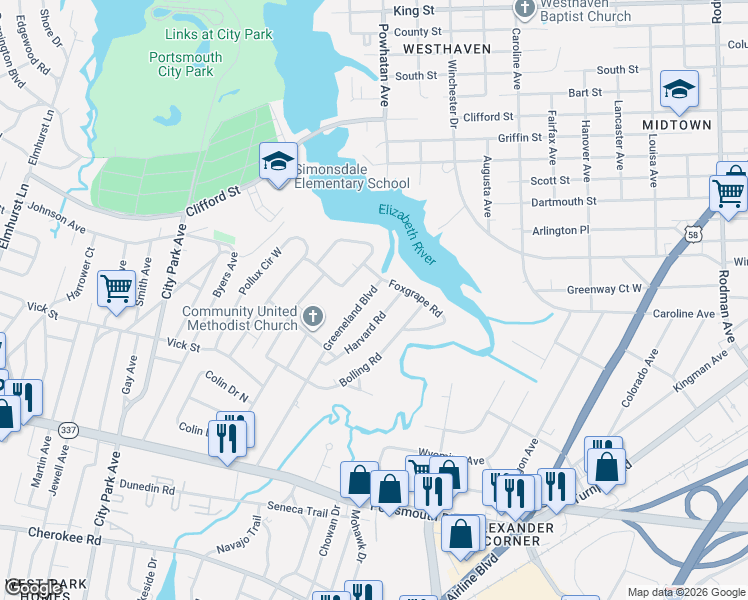 map of restaurants, bars, coffee shops, grocery stores, and more near 70 Greeneland Boulevard in Portsmouth
