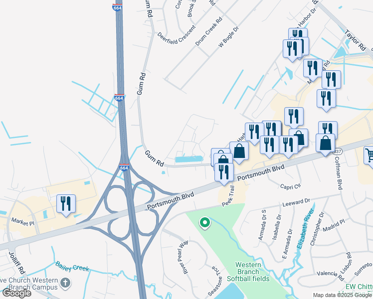 map of restaurants, bars, coffee shops, grocery stores, and more near 4308 Hillingdon Bend in Chesapeake