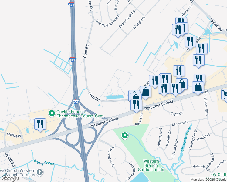 map of restaurants, bars, coffee shops, grocery stores, and more near 4308 Hillingdon Bend in Chesapeake