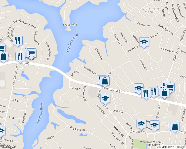 map of restaurants, bars, coffee shops, grocery stores, and more near 317 Saunders Drive in Portsmouth