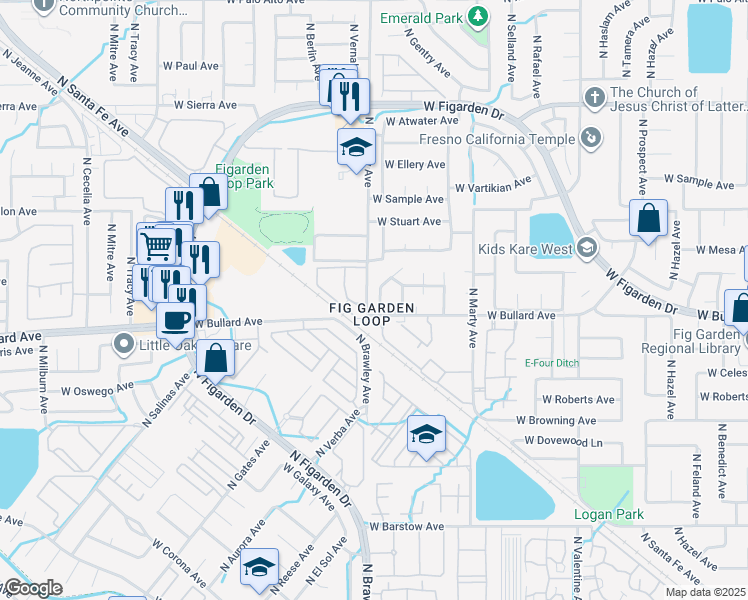 map of restaurants, bars, coffee shops, grocery stores, and more near 6044 North Gentry Avenue in Fresno