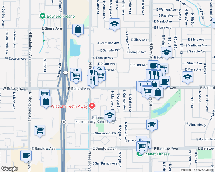 map of restaurants, bars, coffee shops, grocery stores, and more near 6014 North Augusta Street in Fresno