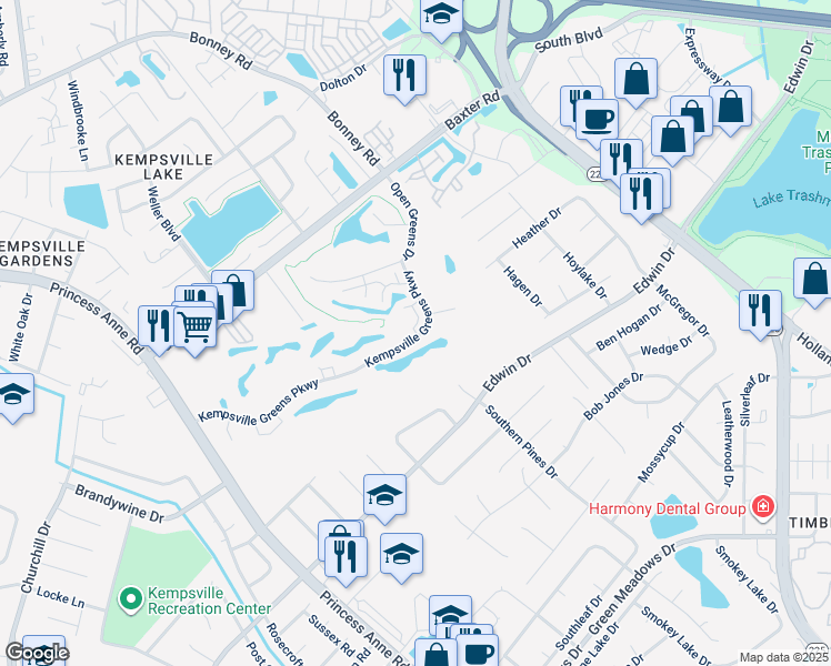 map of restaurants, bars, coffee shops, grocery stores, and more near 4744 Kempsville Greens Parkway in Virginia Beach
