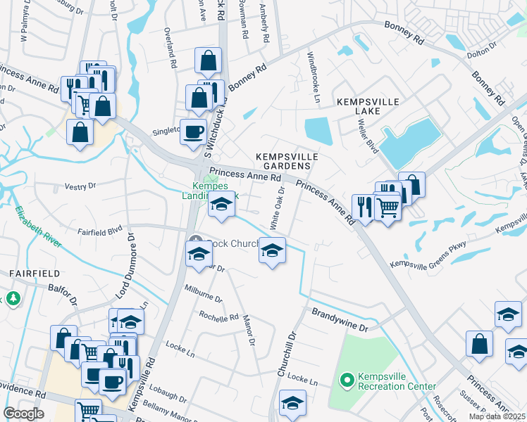 map of restaurants, bars, coffee shops, grocery stores, and more near 516 White Oak Drive in Virginia Beach