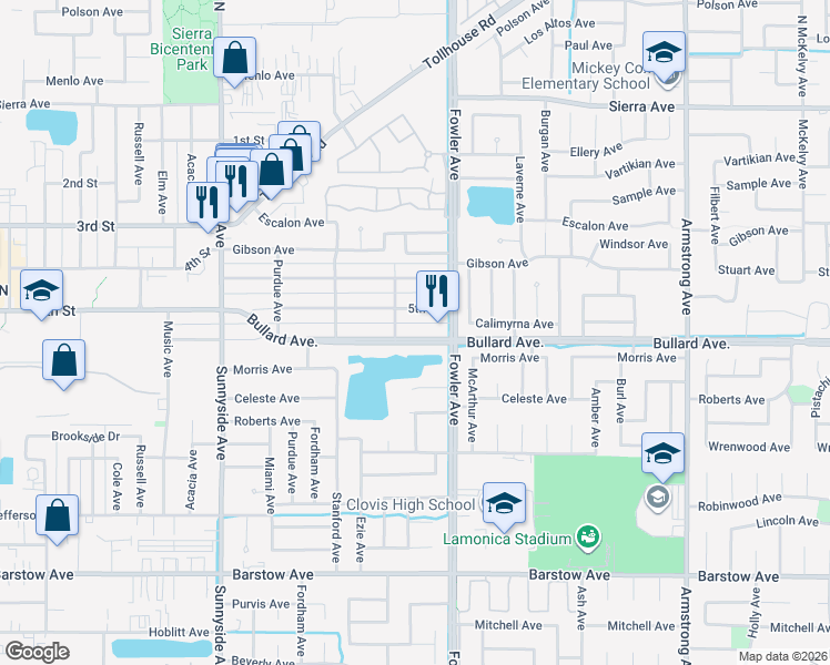 map of restaurants, bars, coffee shops, grocery stores, and more near 1723 Bullard Avenue in Clovis