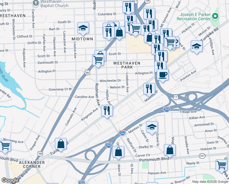map of restaurants, bars, coffee shops, grocery stores, and more near 3411 Nelson Street in Portsmouth